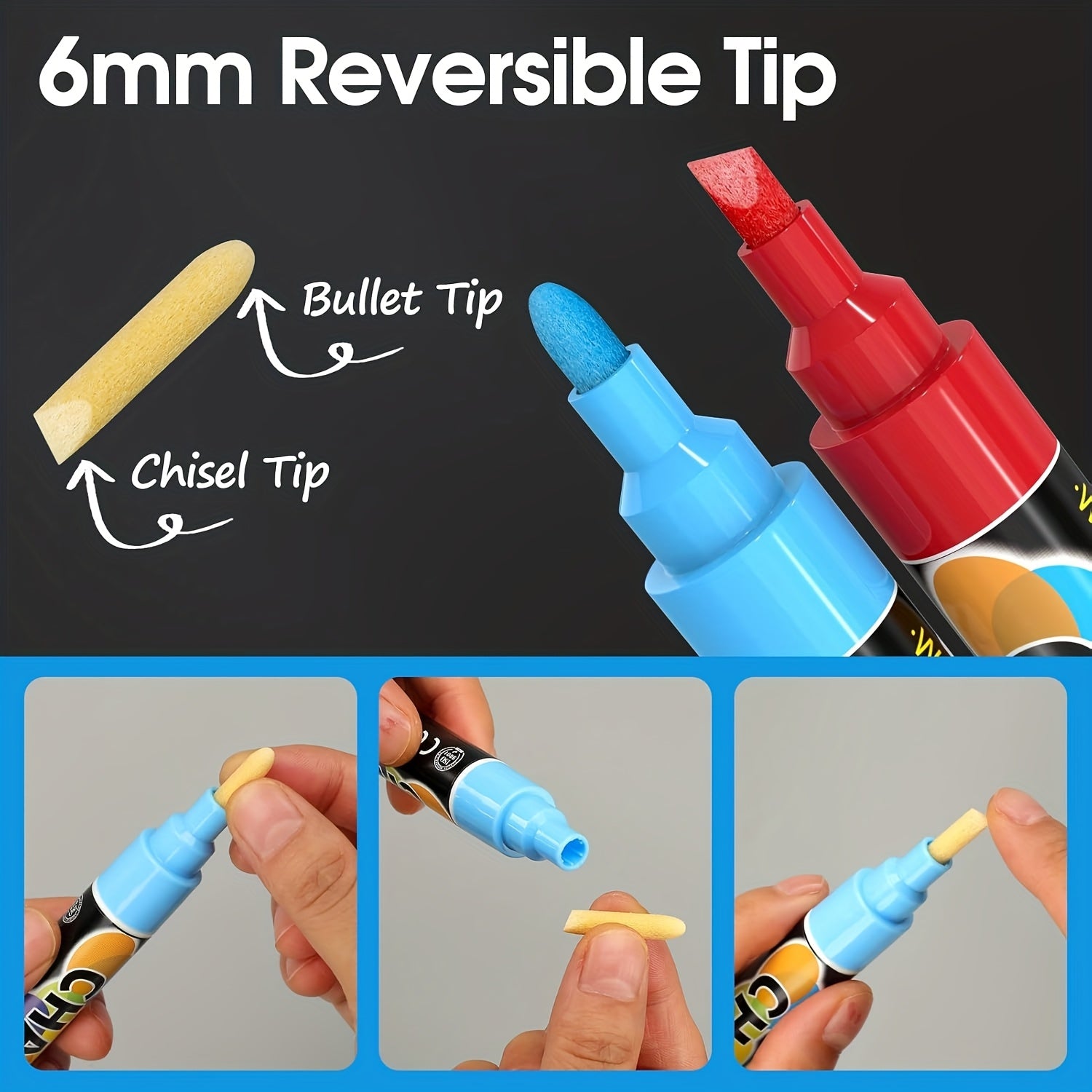 36 Marqueurs Craie Effaçables à l’Eau – Pointes Réversibles Biseautée/Ronde – Pour Tableau, Vitre, Miroir – Encre Lavable
