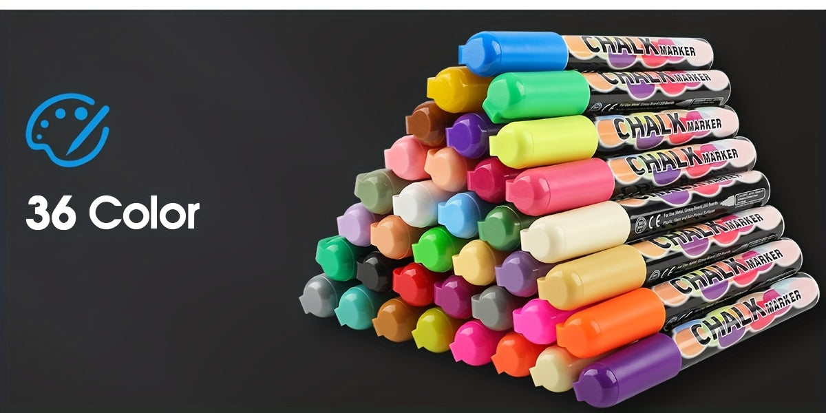 36 Marqueurs Craie Effaçables à l’Eau – Pointes Réversibles Biseautée/Ronde – Pour Tableau, Vitre, Miroir – Encre Lavable