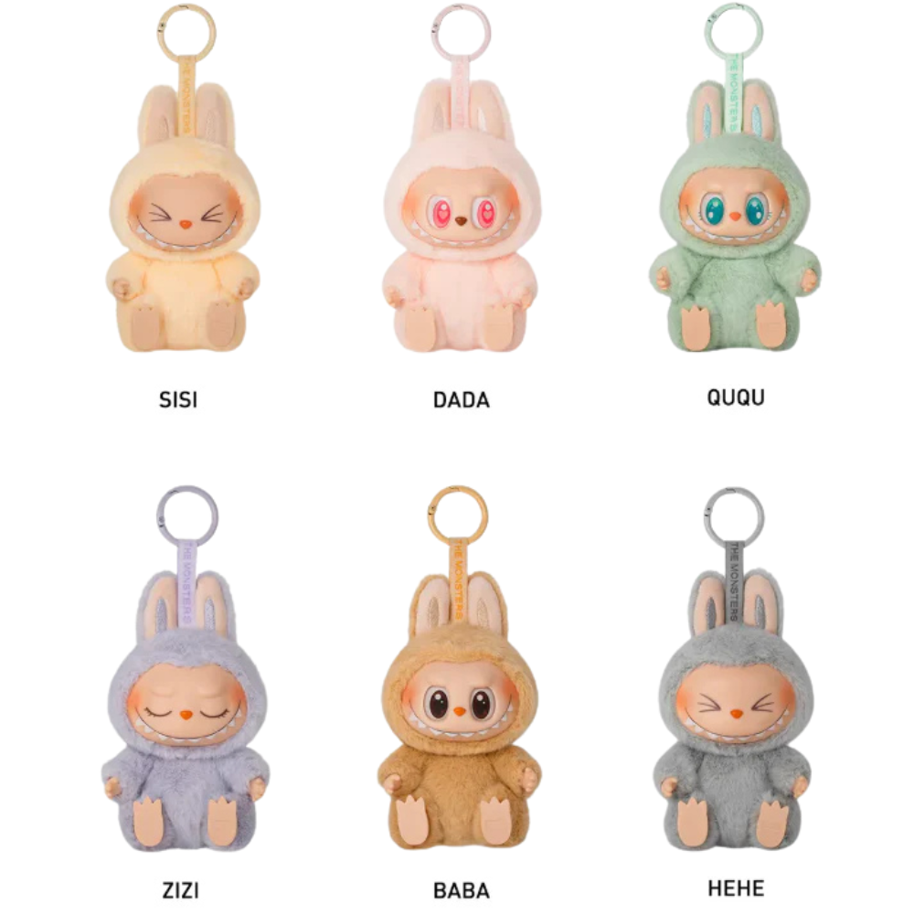 Collection Labubu The Monsters Have a Seat – modèles SISI beige, DADA rose, QUQU vert, ZIZI lavande, BABA brun, HEHE gris