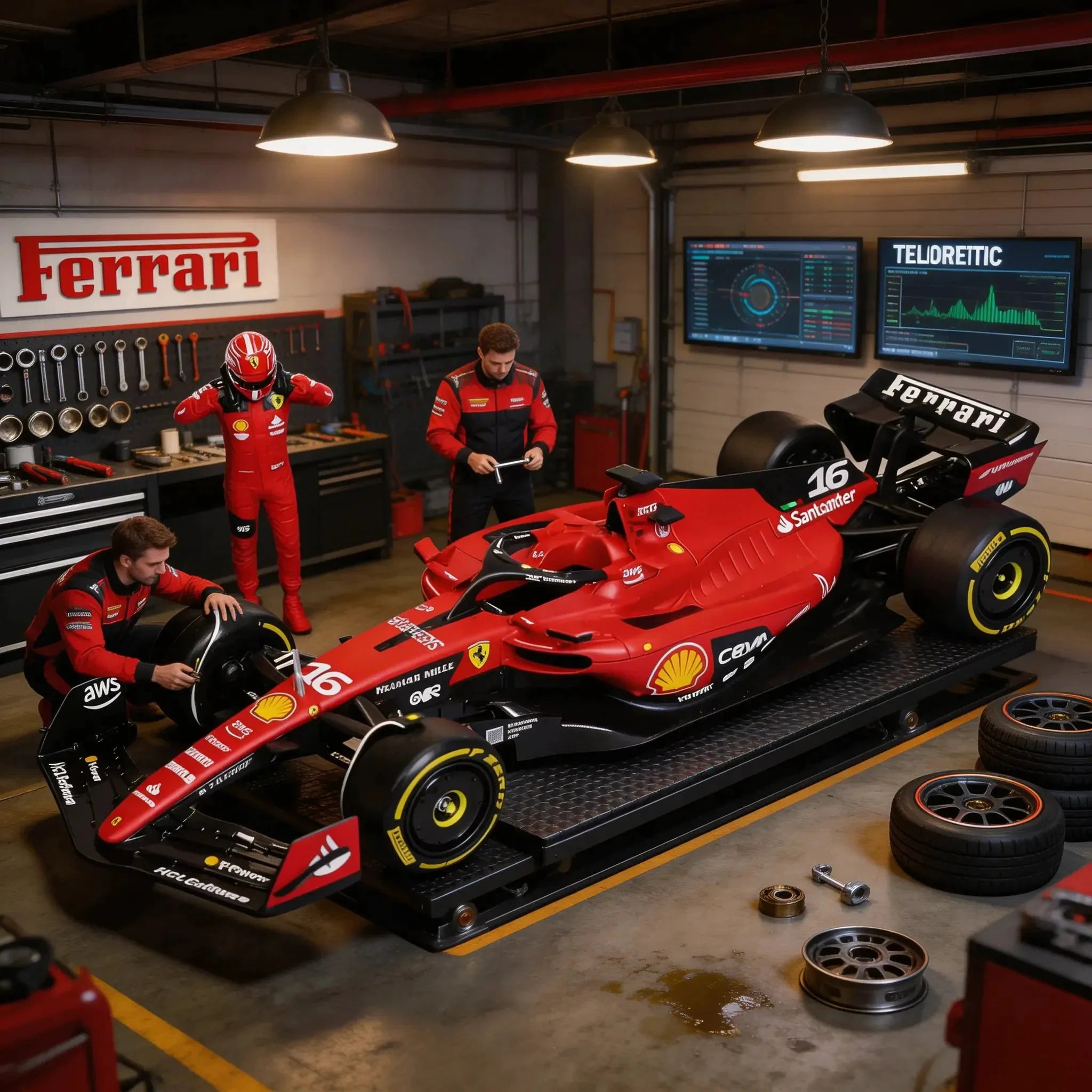 Une voiture de Formule 1 Ferrari rouge numéro 16 est sur une plateforme de levage dans un garage d'équipe bien éclairé, avec des mécaniciens effectuant des contrôles de routine, des moniteurs de données et un mur d'outils en arrière-plan.