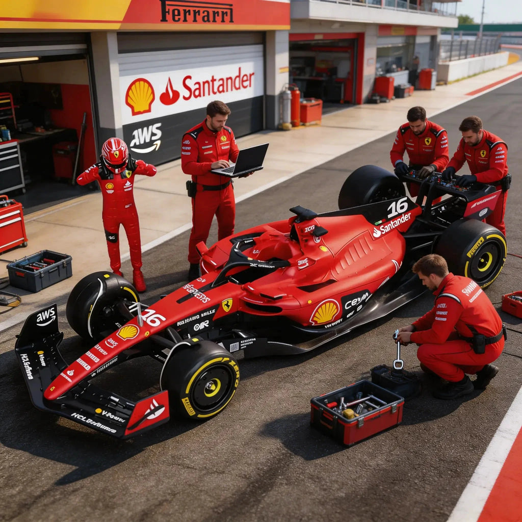 Une équipe de mécaniciens Ferrari en combinaisons rouges travaille sur une voiture de Formule 1 numéro 16, sponsorisée par Santander, Shell et AWS, dans une zone de stand sur un circuit de course ensoleillé.