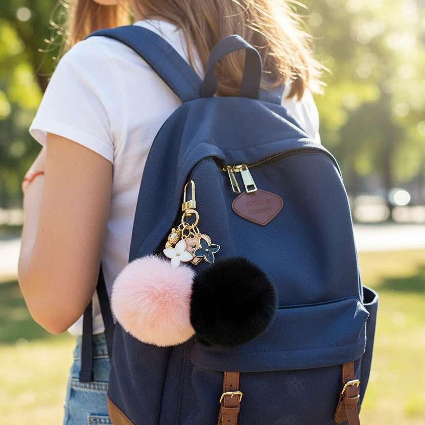 Schlüsselanhänger mit flauschigem Pompon-Anhänger in Gold