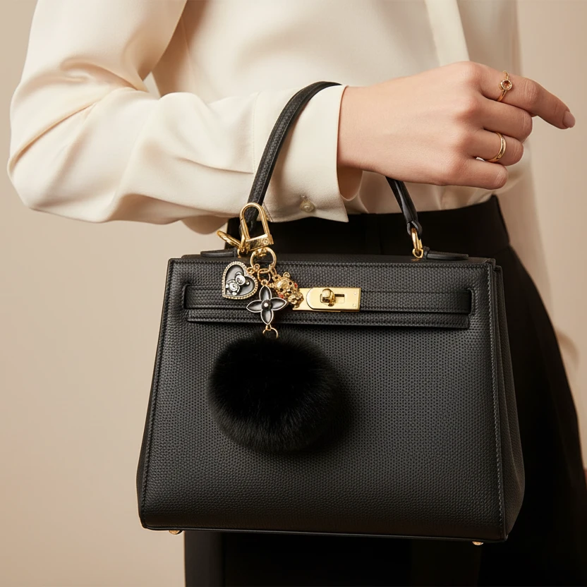 Schlüsselanhänger mit flauschigem Pompon-Anhänger in Gold